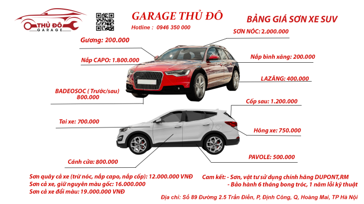 Bảng giá sơn xe ô tô tại Thủ Đô Garage